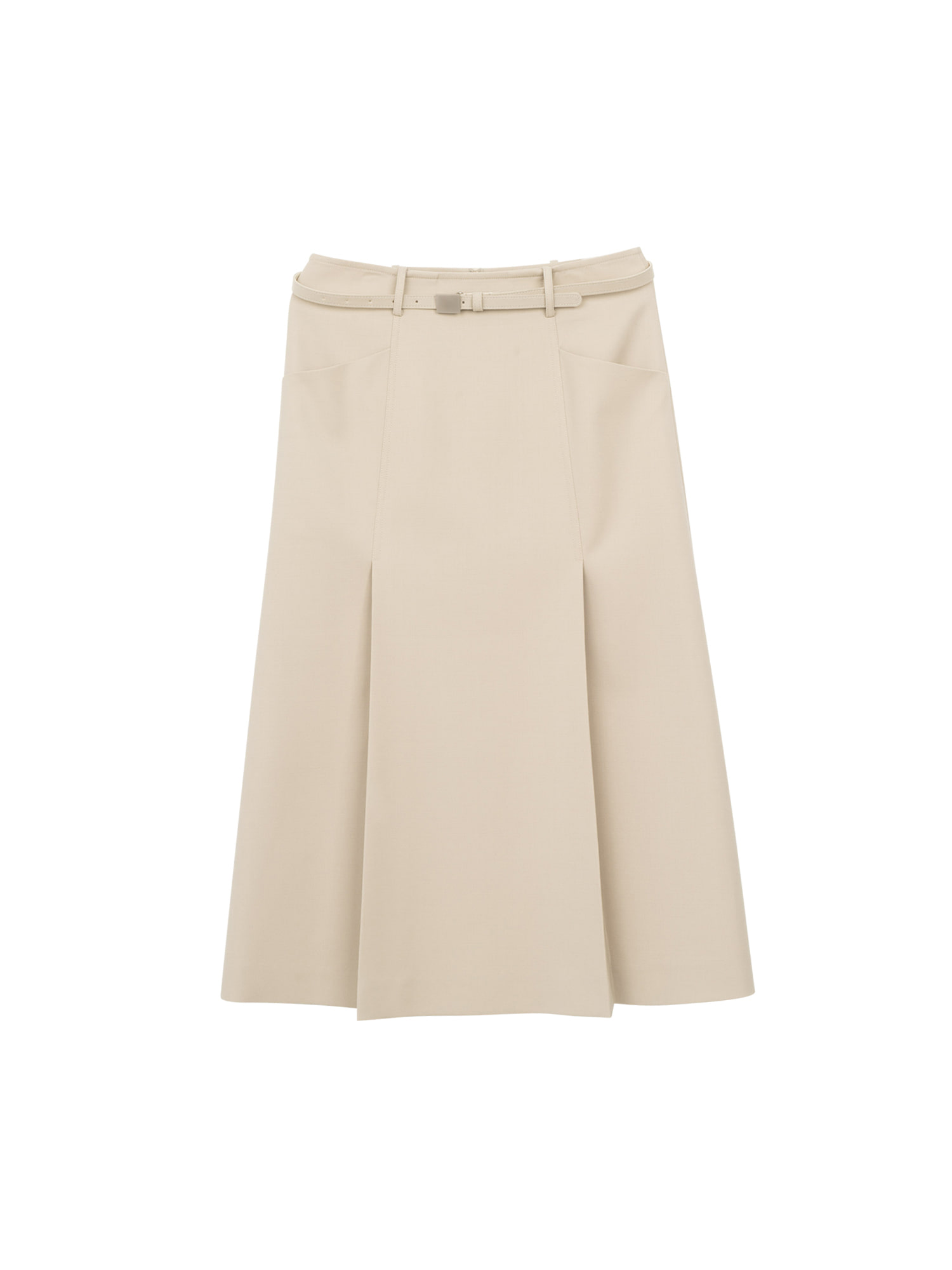 A-line Pleats Wool Skirt (+Belt Set) - Khaki Beige