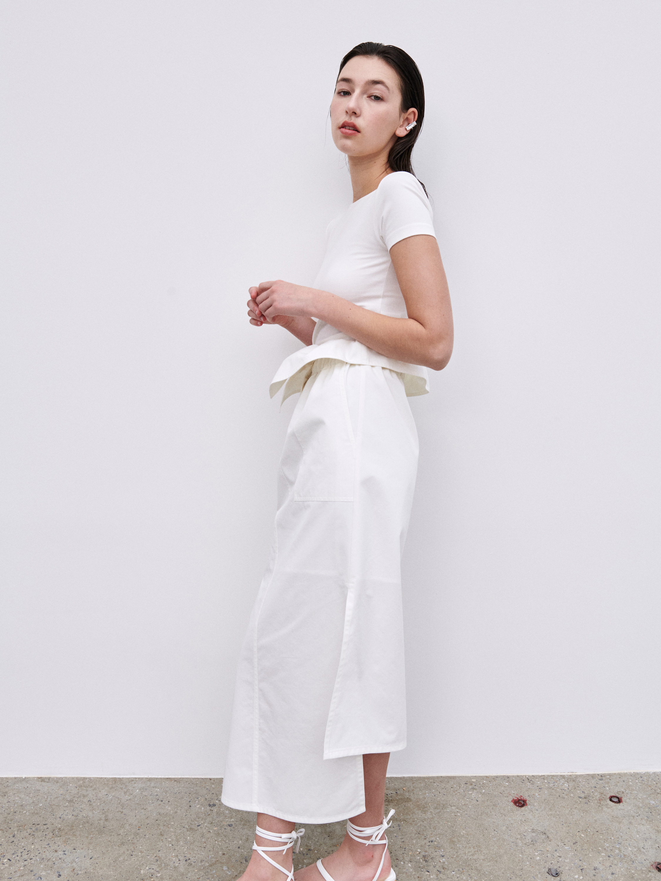 Curved Drapery Midi Skirt – White