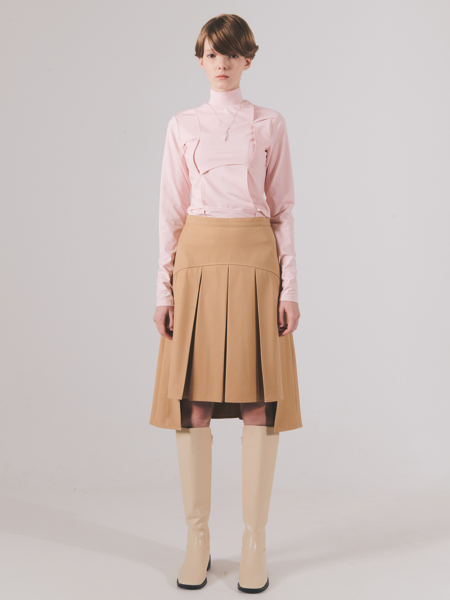 Unbalanced Midi Pleats Skirt - Beige