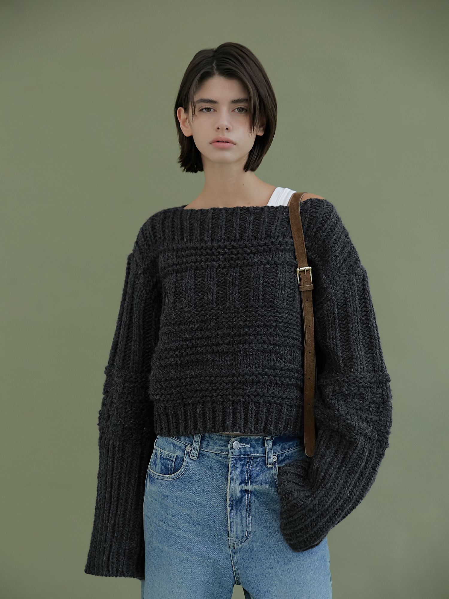 Off-Shoulder Bulky Cable Knit - Charcoal