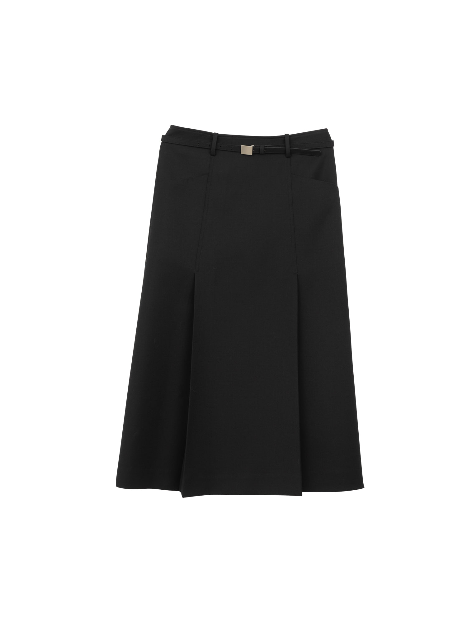 A-line Pleats Wool Skirt (+Belt Set) - Black