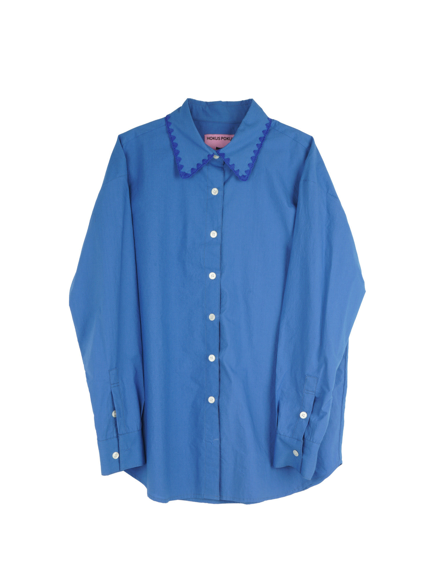 Embroidery Crochet Collar Overfit Shirt - Blue