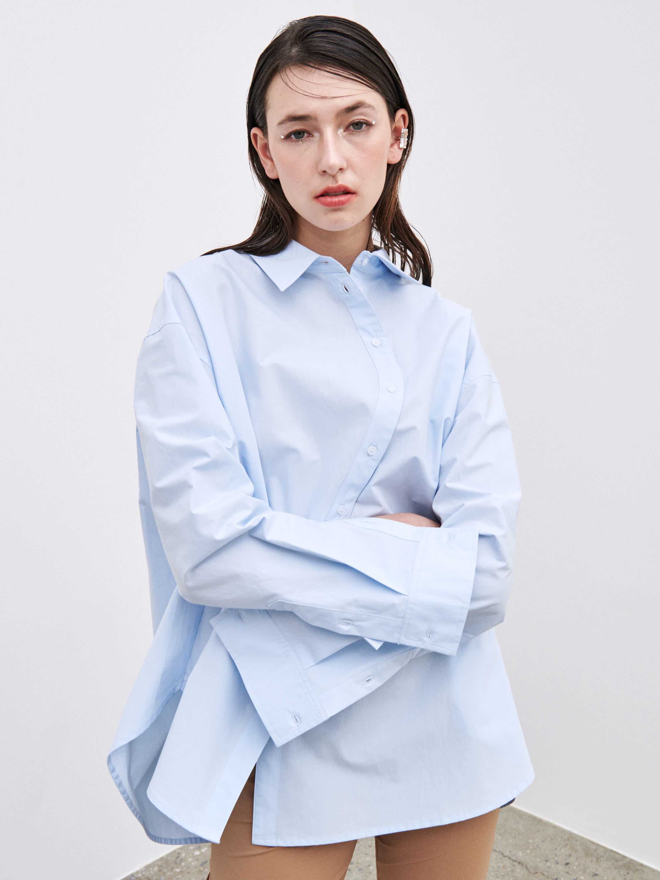 Curved Placket Over Fit Shirt - Sky Blue