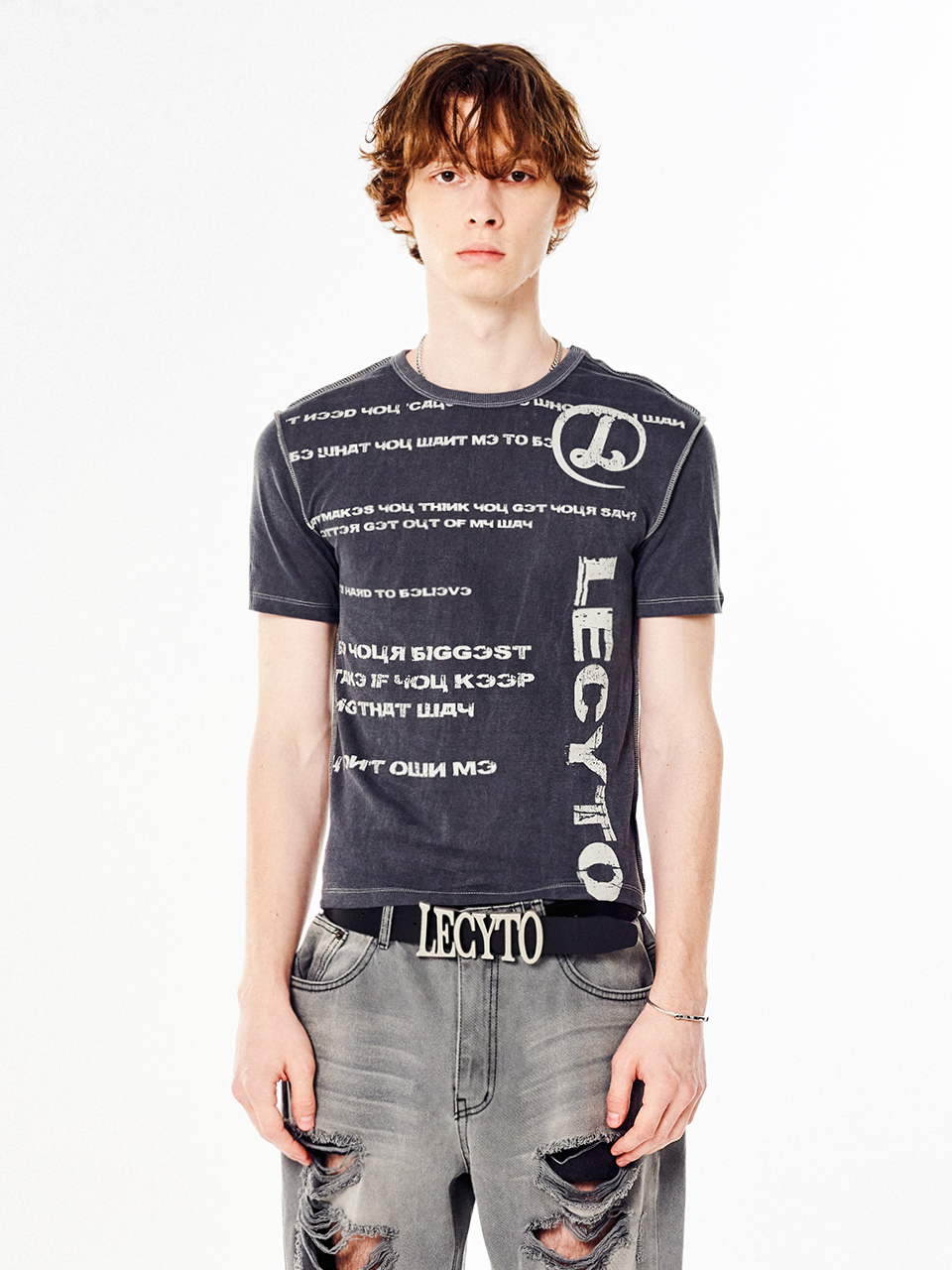 Lettering Pigment Sleeve T-Shirt - Charcoal