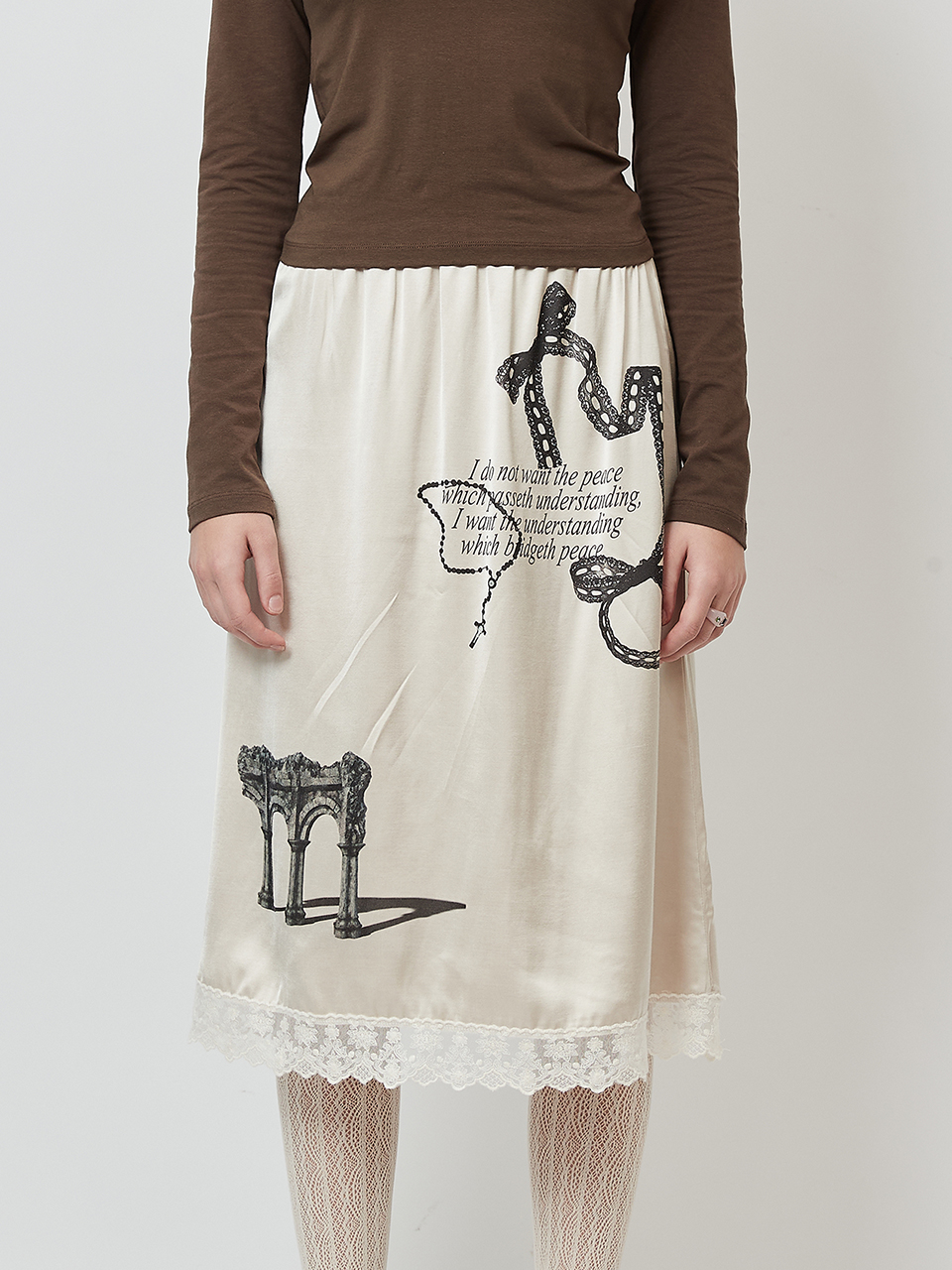 Printed Satin Skirt - Beige